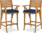 Best Choice Products Set of 2 Outdoor Acacia Wood Bar Stools Bar Chairs for Patio, Pool, Garden w/Weather-Resistant Cushions - Navy