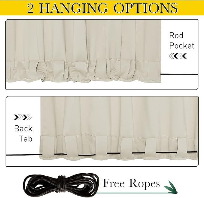 NICETOWN 2 Panels Weighted Blackout Curtains for Patio Waterproof, Top & Bottom Grommet & Back Tab Fixed Outdoor Curtains Windproof Drapes Thermal Insulated for Porch, W52 x L84, Light Beige
