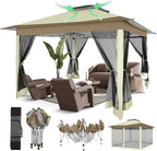 COBIZI 12x12 Pop Up Gazebo On Clearance - Upgrade Easy Up Metal Outdoor Canopy Waterproof - Portable Gazebo with Mosquito Nettings, 4 Ropes 8 Stakes and Carry Bag for Patio Garden(Khaki)