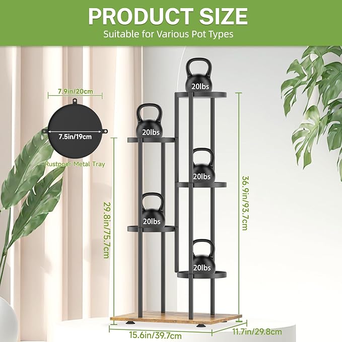 iDavosic.ly 5 Tier Plant Stand Indoor Outdoor, Tiered Corner Multiple Flower Pot Holder Shelf, Metal 37 Inch Tall Display Rack for Patio Porch Living Room Garden Balcony, Modern Black & Rustic Brown