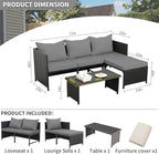Valita 3-Piece Outdoor PE Rattan Furniture Set Patio Black Wicker Conversation Loveseat Sofa Sectional Couch Gray Cushion
