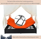 Patio Chaise Lounge, PE Rattan Outdoor Patio Wicker Sunbed Daybed with Adjustable Seats, Four-sided Canopy, Overhead Curtain and Orange Cushions for Backyard, Garden, Poolside (for 2-6 people)