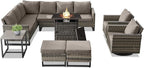Belord Patio Sectional Furniture Set with Fire Pit Table: 8 Pieces Wicker Patio Conversation Set with L Shaped Sofa, Outdoor Swivel Glider Rocker, Rattan Ottomans, Removable Cushions Grey
