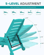 SERWALL Patio Chaise Lounge Chair, 78'' Long HDPE 5 Positions Adjustable Outdoor Lounger, Poly Lounge Chair with Rolling Wheels & Cup Holder for Pool, Aqua Blue