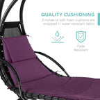 Best Choice Products Outdoor Hanging Curved Steel Chaise Lounge Chair Swing w/Built-in Pillow and Removable Canopy - Purple