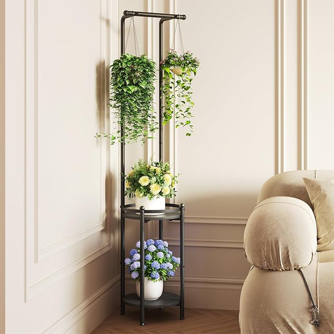 Plant Stand Indoor Outdoor - Heavy Duty Metal 2-tier Hanging Plant Holder Space-Saving Iron Plant Stands Tall Plant Shelf for Living Room Garden Balcony（Black）
