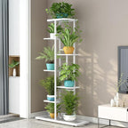 LINZINAR Plant Stand Metal 7 Tier 8 Potted Multiple Flower Pot Holder Shelf Indoor Outdoor Planter Display Shelving Unit for Patio Garden Corner Balcony Living Room, White