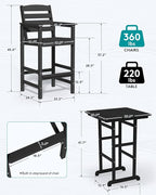 SERWALL Balcony Adirondack Chairs and Table 3 Pieces Set, Adirondack Bar Height Chairs Set of 2 and Bar Table, Outdoor Bar Stools Set for Bistro, Poolside, Backyard, Black