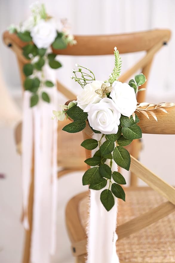 Artificial Rose Chair Flowers, White, Set of 10 for Wedding Aisle Decor