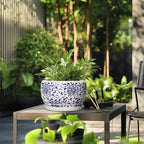 SQOWL Ceramic Pots for Plants - 10 Inch Ceramic Flower Pots with Drainage Hole and Saucer, Round Large Planter Indoor, Decorative Porcelain Planter Outdoor, Home Decor, Birthday Gifts, Blue and White