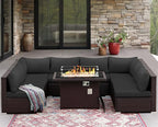 NICESOUL 9 Piece Extra Large Outdoor Patio Furniture Set with Fire Pit Natural Gas/Propane, 29.3 High Back Modular Sectional Couch Sets, Deep Seat Conversation Set, Brown Rattan and Dark Grey Cushion