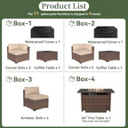 Aoxun 11 Piece Patio Furniture Set with 44” Fire Pit Table Wicker Rattan Outdoor Sectional Sofa Set with Coffee Table and Thickened Cushions, Beige (Waterproof Cover Included)