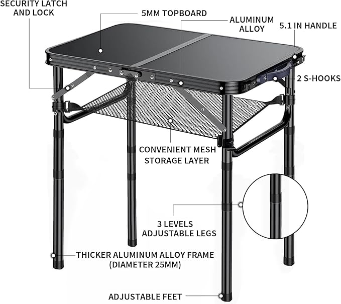 Outdoor Side Table, Portable 3 Adjustable Height Small Outdoor Folding Table, Aluminum Foldable Patio Side Tables for Outside Indoor, Plant Stand Coffee End Table for Pool, Porch,Garden(Black)