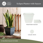 The HC Companies 12 Inch Eclipse Square Planter Pots with Drainage Holes & Attached Saucer, Lightweight UV-Resistant Plastic Indoor Outdoor Planters, 2-Pack Flower Pots for Garden & Home Decor, White