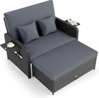 Tangkula Patio Rattan Daybed with 4-Level Adjustable Backrest, Outdoor PE Wicker Loveseat with Storage Ottoman & Folding Side Tray, Double Sunbed Lounger for Balcony, Backyard & Poolside (Grey)