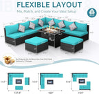 NICESOUL 10 Piece Modern Outdoor Furniture Set with Natural Gas/Propane Fire Pit Table, 29.3'' High-Back Extra Large Patio Sectionals with Firepit, Deep Wide All-Weather Rattan Sofas, Turquoise & Gray