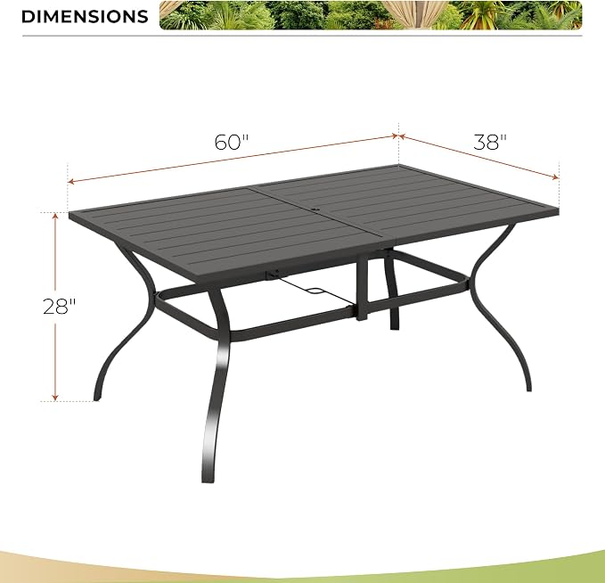 Patio Dining Table for 6 with Umbrella Hole, Black Metal, 60 x 37 Inch