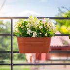 3 Pack Metal Railing Planters, 10.5" Oval Hanging Flower Pots with Detachable Hooks & Drainage Holes, Fits Rails up to 2.36", Galvanized Iron Fence Bucket for Balcony Garden Patio - Terracotta