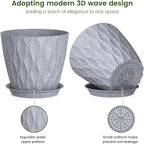 7 inch Plant Pots for Indoor Outdoor Plants, 5 Pack Thick Flower Pots with Drainage Holes and Saucers, 3D Modern Wave Texture Plastic Planter Nursery Pots, Speckled Grey