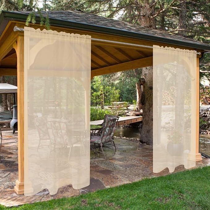 SpaceDresser Waterproof Outdoor Sheer Curtains for Patio - 2 Panels Rod Pocket Indoor Voile Sheer Curtain for Living Room,52W x 108L inch, Beige