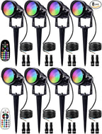 SUNVIE Christmas 12W RGB Color Changing Landscape Lights Low Voltage LED Landscape Lighting Remote Control Spotlight Waterproof Garden Pathway Christmas Decoration Outdoor, 8 Pack with Connector