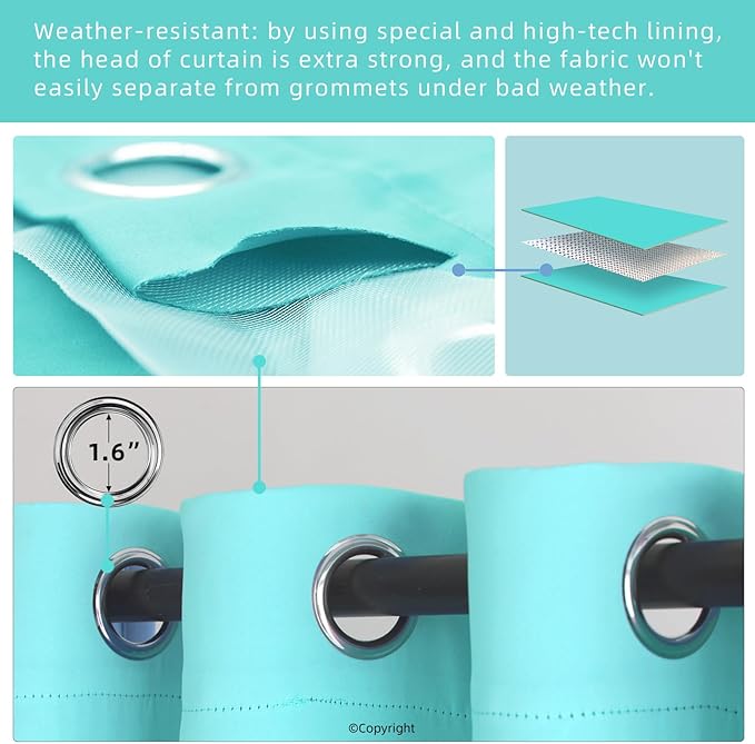 Waterproof Outdoor Curtain W52 x L63 - Grommet Top Sunlight Blocking Window Treatment Drapes Blackout Curtains for Home Bedroom Living Room Outdoor Patio Porch Pergola (Teal Blue, 2 Panels)