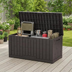 NEWBULIG 60 Gallon Deck Box, Waterproof Outdoor Storage Box with Lockable Lid, Patio Furniture Bench & Side Table, Outside Storage Container, Tool-Free Assembly, for Garden, Pool, Brown