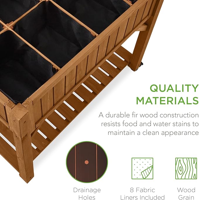 Best Choice Products Elevated 8 Pocket Herb Garden Bed, Mobile Raised Customizable Wood Planter for Herbs, Vegetables, Flowers w/Lockable Wheels, Storage Shelf, Drainage Holes - Acorn Brown