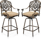 VINGLI Outdoor Swivel Bar Stools Set of 2, Cast Aluminum Patio Bar Height Chairs, All-Weather Bar Dining Chairs Outdoor Swivel Patio Furniture (Elizabethan Back)