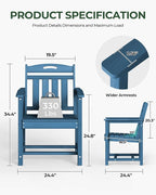 Set of 2 Weatherproof Patio Chairs - HDPE Outdoor Dining Chairs with Wide Seat, Ergonomic Design - for Garden, Backyard, Deck - Navy Blue