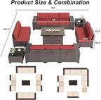 ALAULM 13 Pieces Outdoor Patio Furniture Set with Propane Fire Pit Table Outdoor Sectional Sofa Sets Patio Furniture 43" Gas Fire Pit Brown PE Rattan Patio Conversation Set w/10 Cushions (Rose Red)