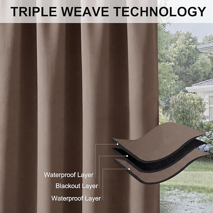 RYB HOME Outdoor Curtains for Patio Waterproof Block Sunlight Thermal Insulated Privacy Assured Thick Outside Curtains for Pergola, Cabana, Gazebo, W52" x L72", Mocha, 1 Panel