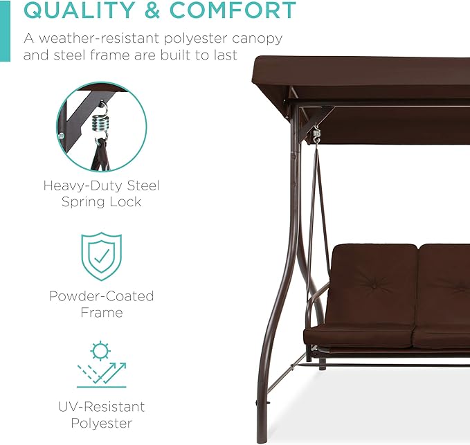 Porch Swing Glider, 3-Seat Brown Canopy with Flatbed