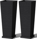 Greesum Set of 2 Tall Plastic Planters with Saucer, 32 Inch Large Pots with Drainage Trays, Weather-Resistant Plastic Plant Containers for Patio, Porch, Garden,Black