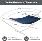 SUNCREAT Hammocks Outdoor Double Hammock with Hardwood Spreader Bar, Heavy Duty Cotton Rope Hammock with Polyester Pad, Dark Blue