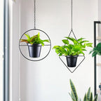 Metal Hanging Planters, Modern Plant Hanger with 5 inch Flower Pot, Set of 2 Black Plant Holder in Diamond and Round Shape, Small Wall and Ceiling Planter for Indoor Plants, Home Décor