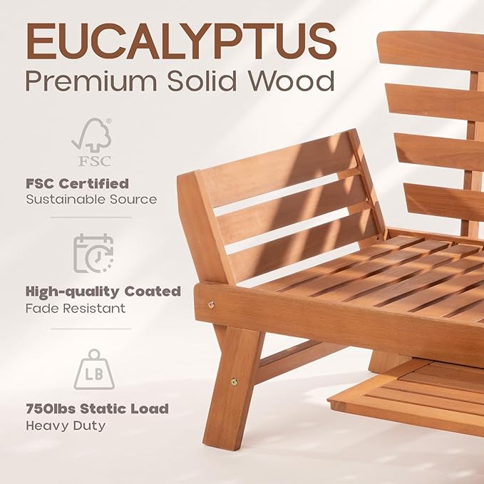 IDZO Amelie Outdoor Daybed Sofa: 750lbs Max Weight Support, Sleeper Chair with Armrest, Coffee Tray, 3 Pillows, FSC Wood, Gray, Ideal for Outdoor Couch