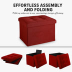 LINMAGCO Small Storage Ottoman Stool Foot Rest Stool Under Desk Stool Short Folding Ottoman Linen Cloth 17X13X13IN(Red)