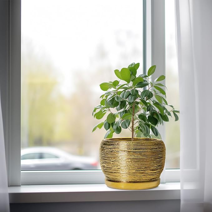 SQOWL Ceramic Flower Pot - 8 Inch Plant Pot Indoor Outdoor, Round Planter with Drainage Hole and Saucer, Decorative Modern Planter, Home Decor, Plant Lovers Gifts, Gold