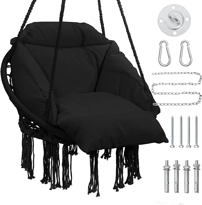 Macrame Hammock Hanging Swinging Chair with Oversized Cushion, Perfect for Bedroom, Porch, Kids, Adults, Balcony, Black