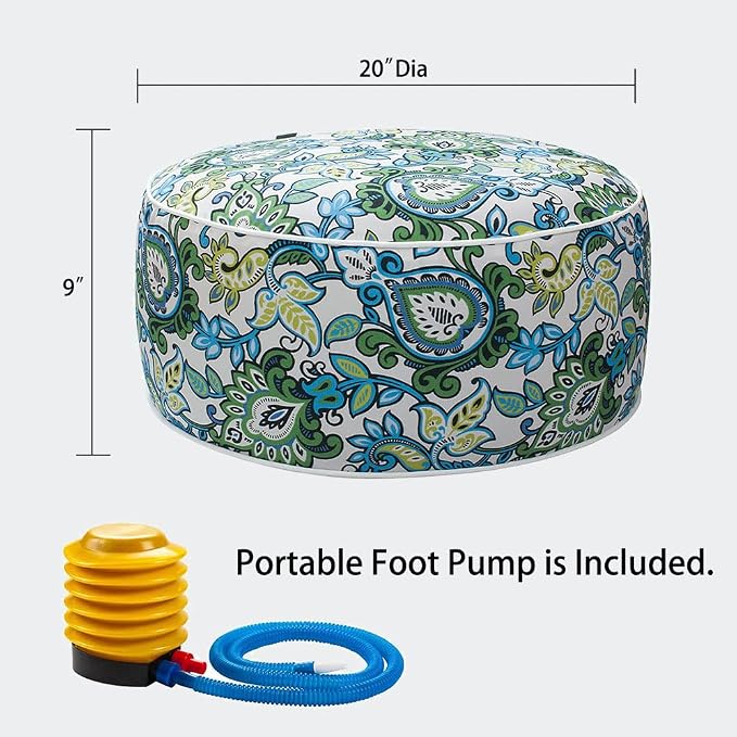 Inflatable Ottoman Pouf Footstool, Round Water-Repellent, 20-Inch Floral Blue Green