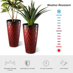 Glitzhome 23.75" H Tall Outdoor Planter, Set of 2 Wavy Texture Red Large Planters for Outdoor Plants, with Drainage Hole, Plastic Round Decorative Tall Flower Pots for Indoor Outdoor, Front Porch