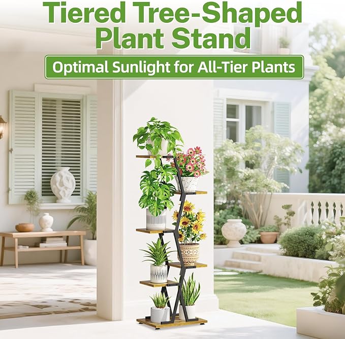 iDavosic.ly 5 Tier Indoor Plant Stand, Corner Tall Metal & Wood Flower Shelf, Orchid Display Rack for Living Room Balcony Patio Porch, Space Saving & Multifunctional Display, Black & Brown