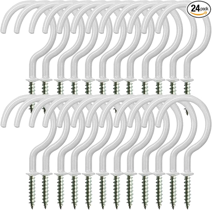 24 Pack Ceiling Hooks for Hanging Plants - 2.2 inches Heavy Duty, Hanging Hooks for Christmas Lights, Cups, Decors - White Vinyl Coated Screw in Plant Hanger Hook Indoor and Outdoor