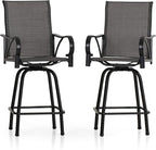 PHI VILLA Outdoor Bar Stools Swivel Set of 2, Outdoor Bar Height Tall Patio Chairs Grey with Armrest, High Top Patio Stools & Chairs with Sling Fabric for Outside Kitchen
