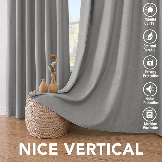 H.VERSAILTEX Linen Blackout Curtains 54 Inches Long 100% Blackout Thermal Insulated Textured Linen Look Curtain Draperies Anti-Rust Grommet, Energy Saving with White Liner, 2 Panels, Dove Gray