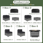 Aoxun 15 Piece Patio Furniture Set with Fire Pit Table Wicker Rattan Outdoor Sectional Sofa Set with Coffee Table and 4” Thickened Cushions, Grey/Black (Waterproof Cover Included)
