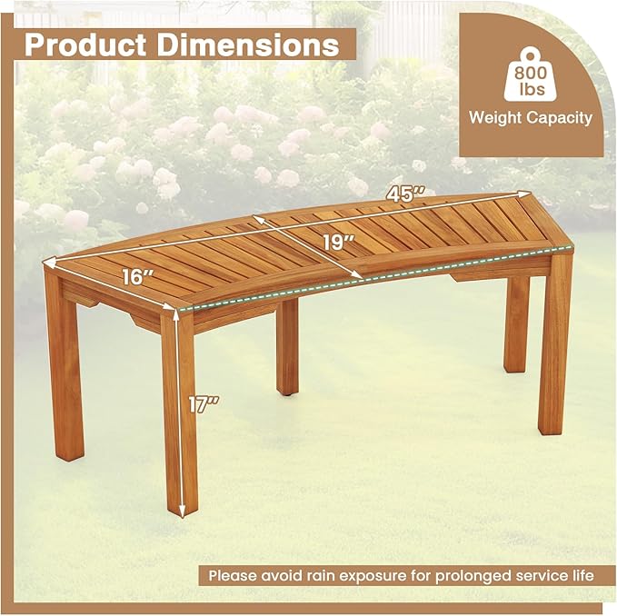 Tangkula Outdoor Curved Bench, Acacia Wood Fire Pit Bench w/Slatted Seat, Patio Backless 2-Person Seating for Porch, Yard, Garden, 800 LBS Max Load, Oil Painted (4, 45")