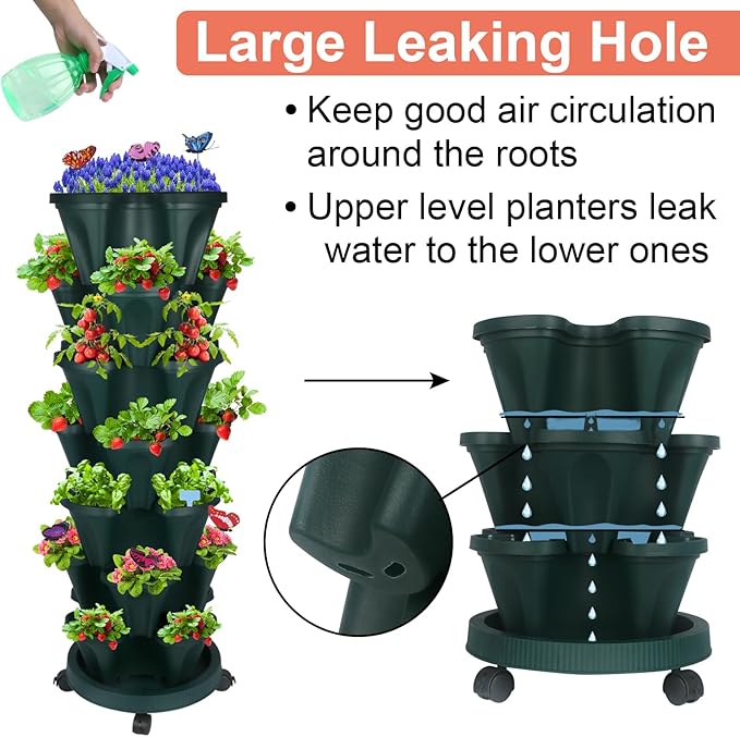 GameXcel Vertical Planter, 7 Tier Stackable Strawberry Planter with Garden Tool Set, Movable Indoor/Outdoor Garden Herb Pot for Growing Vegetables and Succulents, Green