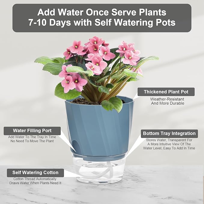 KIMCHOMERSE Self Watering Plant Pots, 6 Inch Plant Pots 6-Pack Indoor Planter Pots with Drainage Holes and Tray for Home Decor（2White, 2Pink, 2Blue）